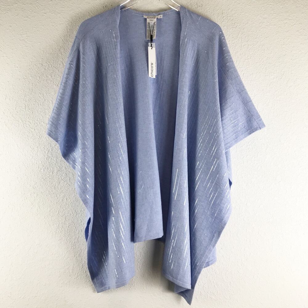 NWT Chico's Cashmere Blend Sequin Ruana Wrap Shawl Poncho Light Blue Muse S/M